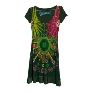 Desigual green multicolor peacock abstract print short sleeve fit flare dress SP